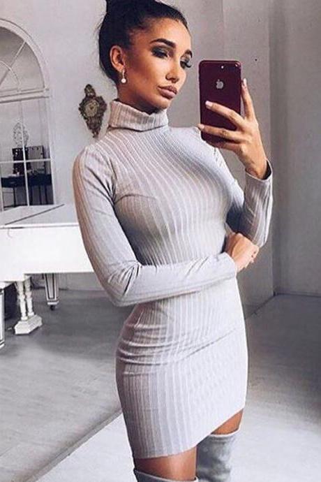 Simple Solid Color Turtleneck Slim Women Pullover Sweater Dress