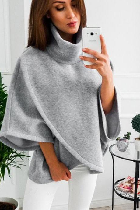 High Neck Turtleneck 3/4 Trumpet Sleeves Wrapped Pullover Sweater