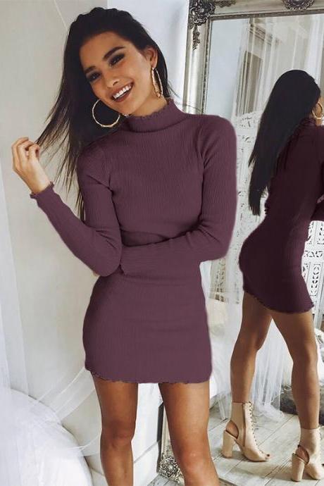 Solid Color Simple Style High Neck Slim Women Oversized Pullover Swaeter Dress