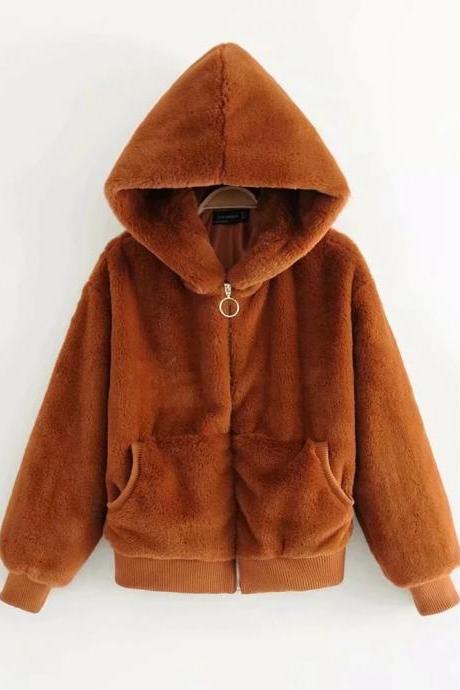Faux Fur Pockets Solid Color Short Teddy Hooded Coat