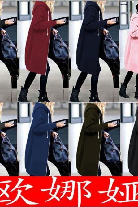 Pure Color Zipper Drawstring Pockets Women Oversized Hooded Coat