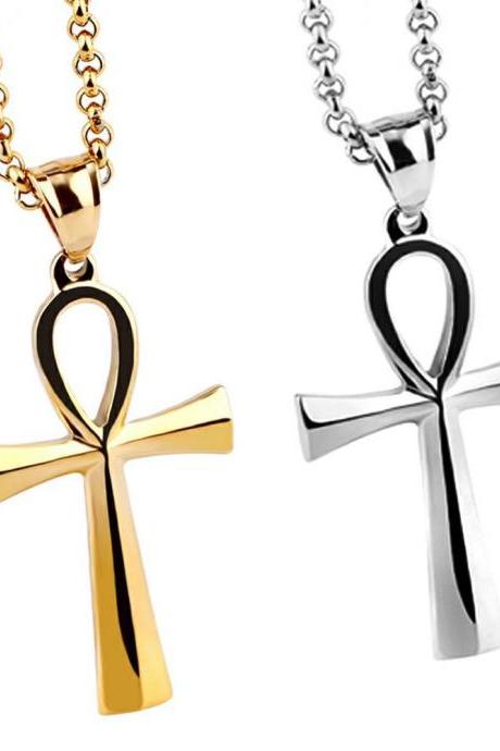 Simple Glossy Egyptian Anka Cross Pendant Titanium Steel Necklace