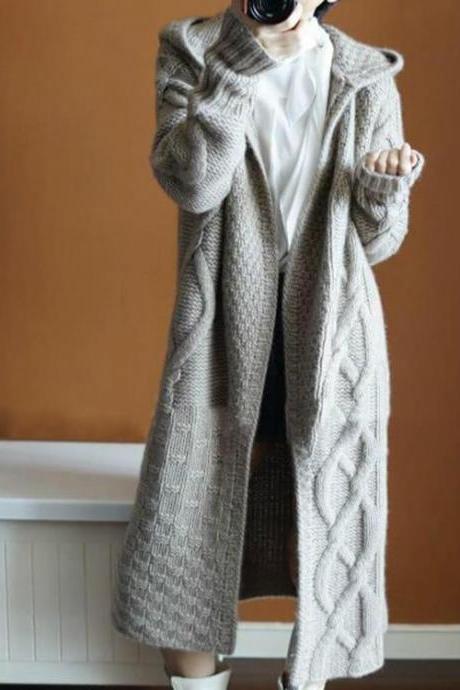 CABLE KNITTED LONG HOODED THICK CARDIGAN