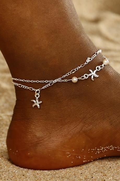 Boho Ethnic Antique 2 Layer Ankle Bracelet Cute Starfish Cuckold Foot Chain For Women Summer Beach Jewelry-3