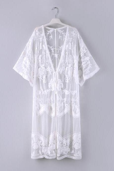 Lace See Through 3/4 Sleeve Cover Up Dress