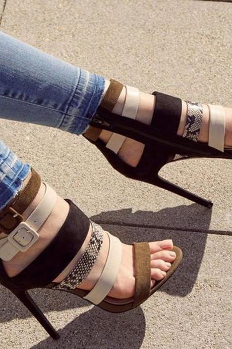 Colorblock Zipper Cutout Buckle High Heel Sandals