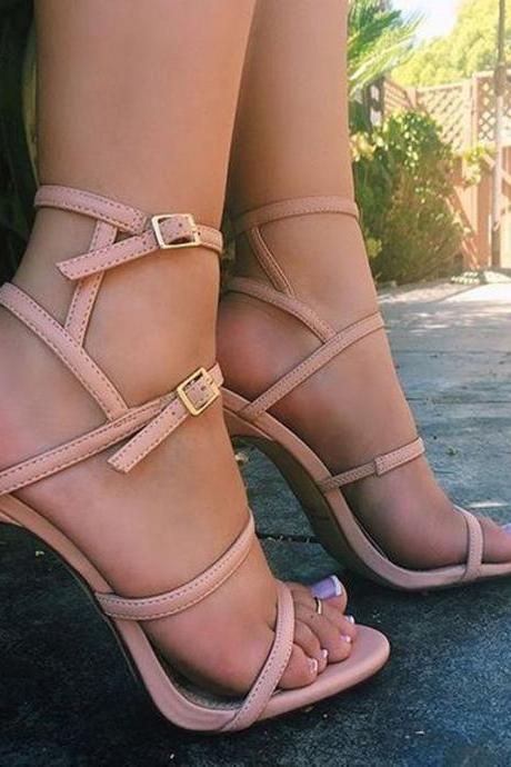 Pink Buckle Cutout High Heel Sandals