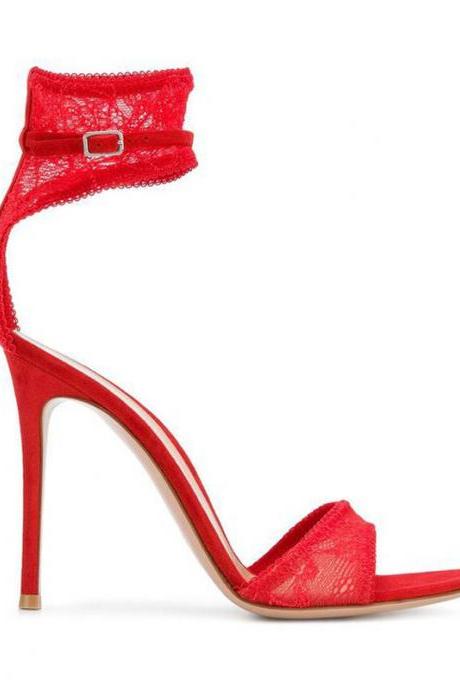 Red Lace Suede Buckle Ankle High Heel Sandals