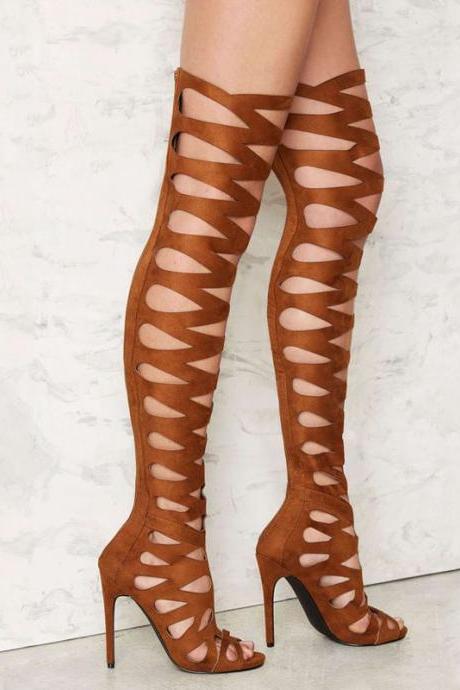 Sexy Peep Toe Cutout High Heel Thigh High Boots