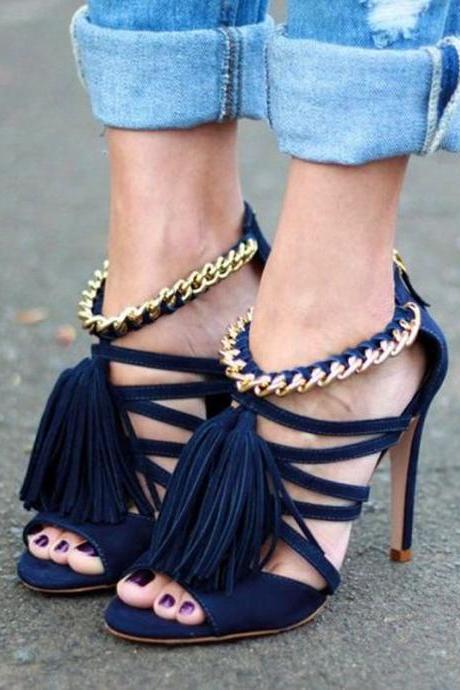 Blue Fringe Suede Chain Cutout High Heel Sandals