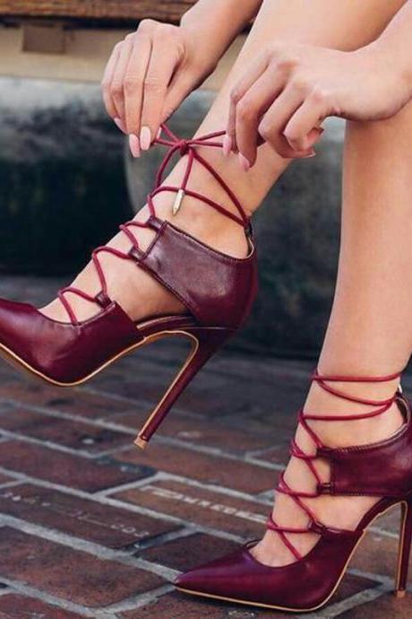 Red Leather Strap Cutout High Heel Sandals