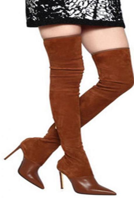 High Heel Stretch Suede Pointed Toe Thigh High Boots