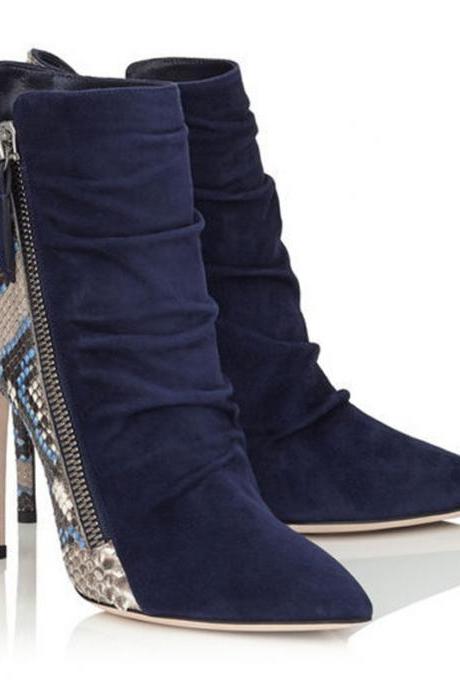 Snakeskin Zipper Pointed Toe High Heel Ankle Boots