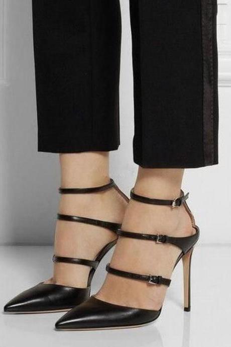 Black Leather Buckles High Heel Sandals