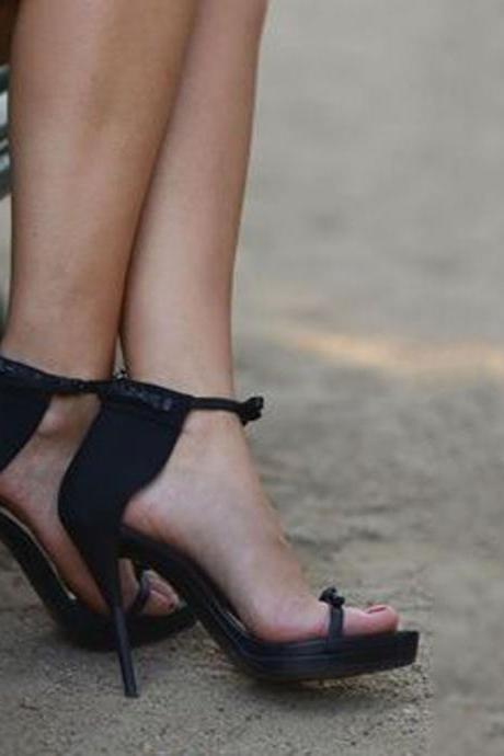 Summer Black Leather Buckle High Heel Sandals