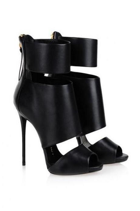 Black Leather Cutout Peep Toe High Heel Sandals