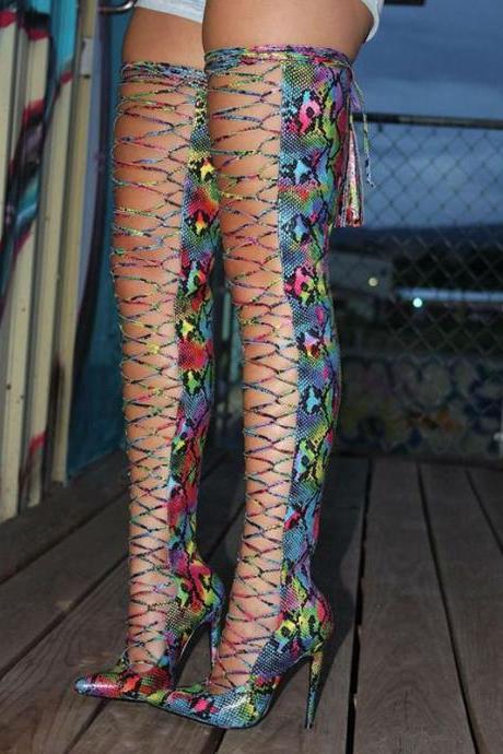 Party Snakeskin Strap Cutout Point Toe Thigh High Boots