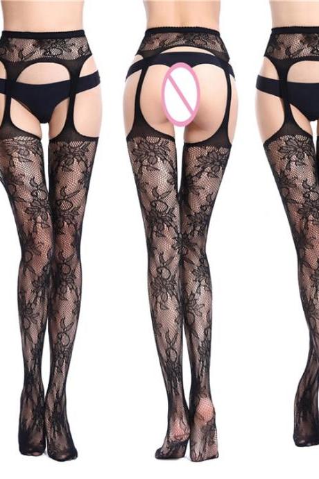 Women Tights Sexy Fishnet Stockings Lace Female Thigh High Plus Size Open Crotch Pantyhose Female Meias Hosiery XS-XXL