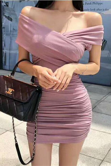 Sexy Off Shoulder V-neck Light Purple Mini Dress