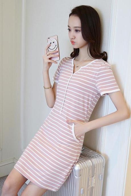 Sexy Deep V Neck Short Sleeve Pink Stripe Bodycon Dress
