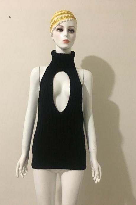 Free Shipping Sexy Black Blackless Sleeveless Sweater Dress