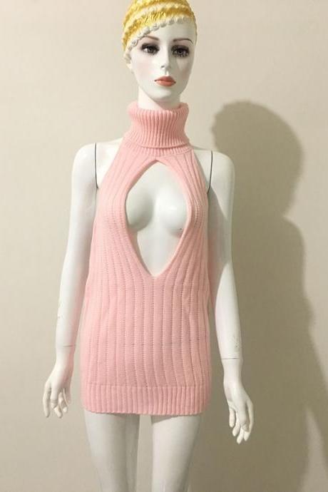 Free Shipping Sexy Pink Blackless Sleeveless Sweater Dress