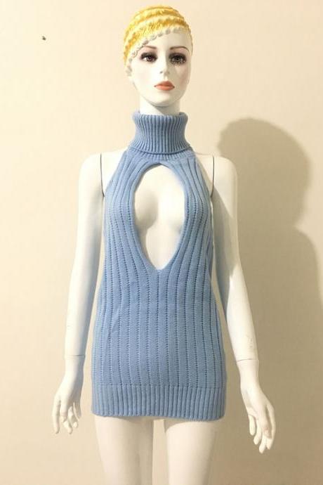 Free Shipping Sexy Blue Blackless Sleeveless Sweater Dress