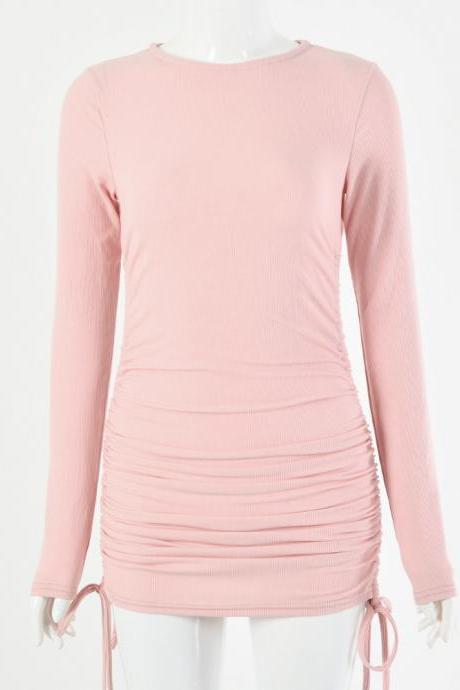 Pink Long Sleeve Soild Drawing Short Dress