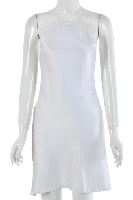 White Backless Satin Tie Waist Short Dress