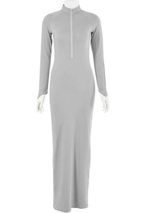 Gray OL Half Zipper Long Tight Dress