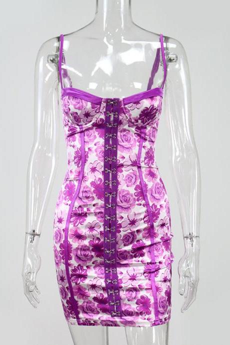 Purple Low Cut Floral Sling Short Dress