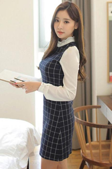 High Collar Long Sleeves Mini Checkered Dress