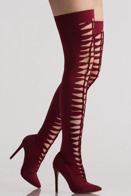 Sexy Wine Red Stretch Cutout High Heel Over Knee Boots