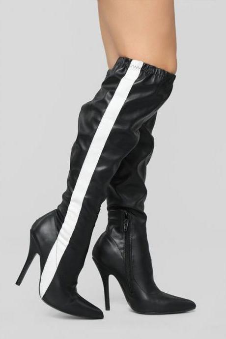 Sexy Pu Colorblock Pointed Toe High Heel Knee High Boots