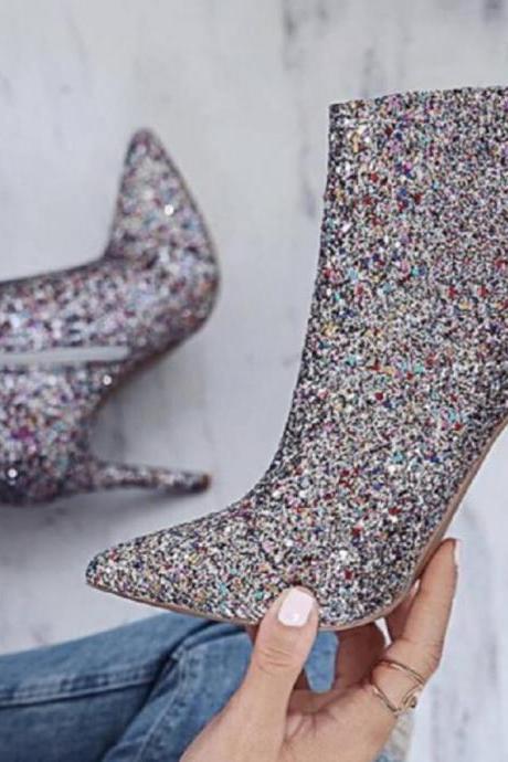Sexy Sequin Pointed Toe High Heel Ankle Boots