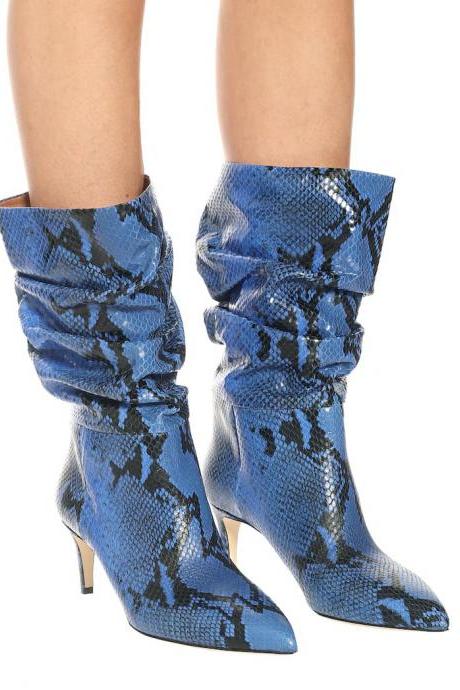 Sexy Dark Blue PU Point Toe Fold High Heel Calf Boots