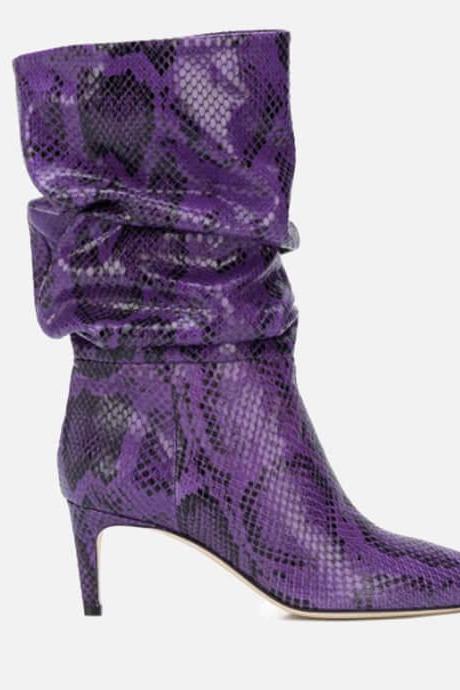 Sexy Purple PU Point Toe Fold High Heel Calf Boots 