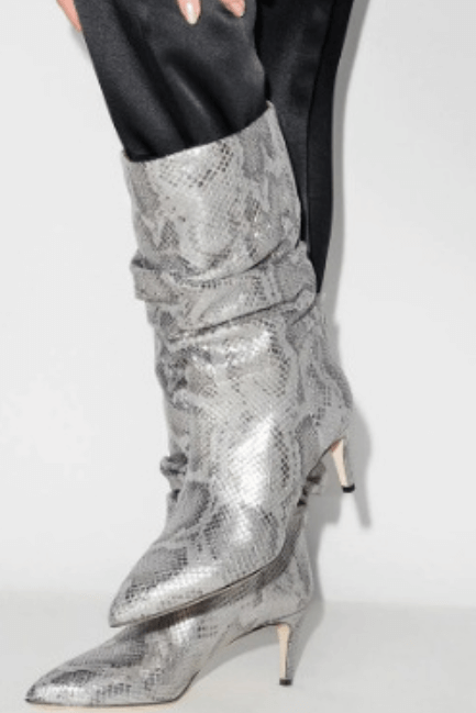 Sexy Silver PU Point Toe Fold High Heel Calf Boots 