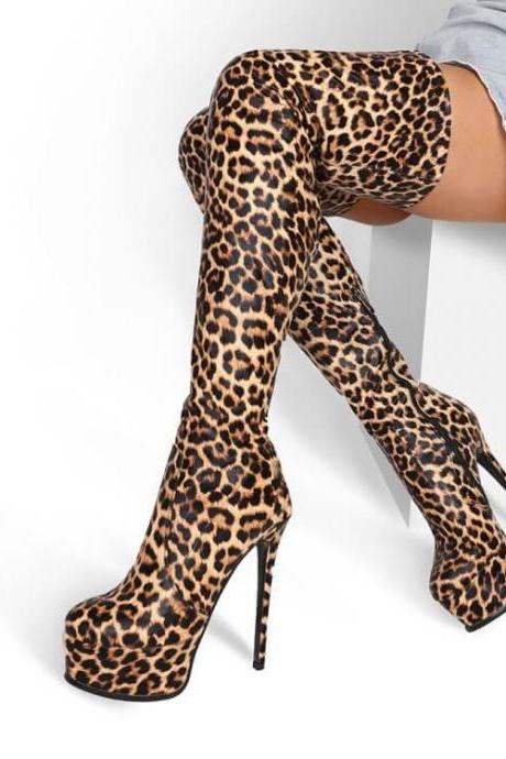 Sexy Leopard PU Print Platform High Heel Thigh High Boots