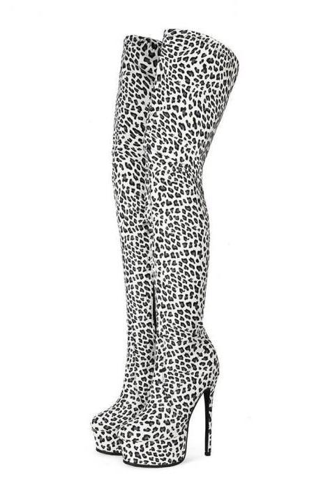  Leopard PU Print Platform High Heel Thigh High Boots