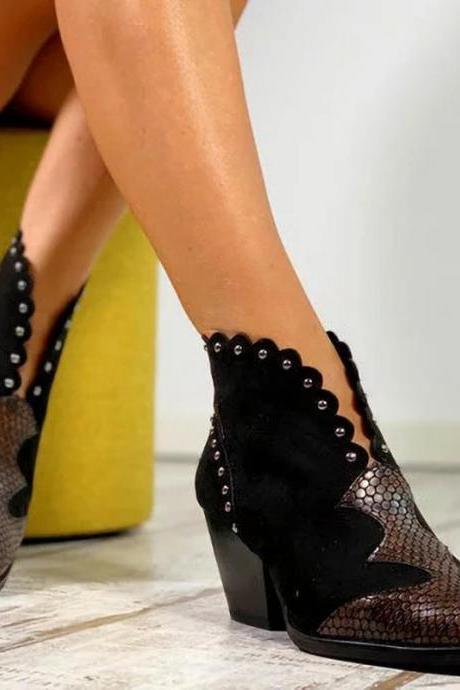 Suede Sequin Point Toe Chunky Heel Calf Boots