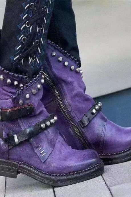 Purple Retro Suede Round Toe Buckle Low Heel Calf Boots