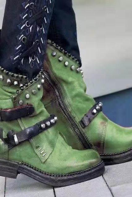 Green Retro Suede Round Toe Buckle Low Heel Calf Boots