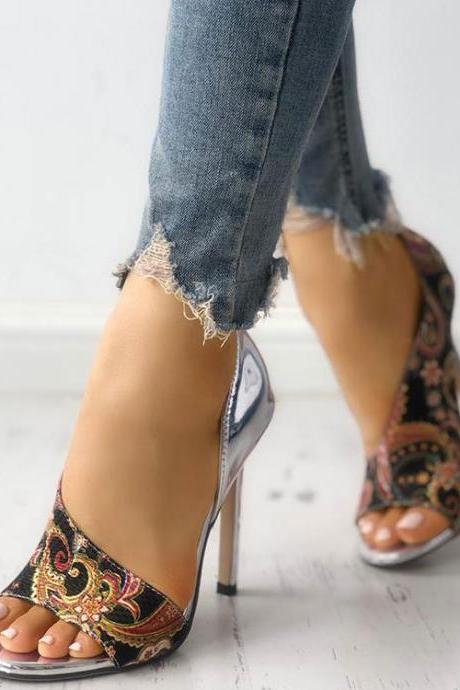 Silver Summer Pu Open Toe Print High Heel Sandals