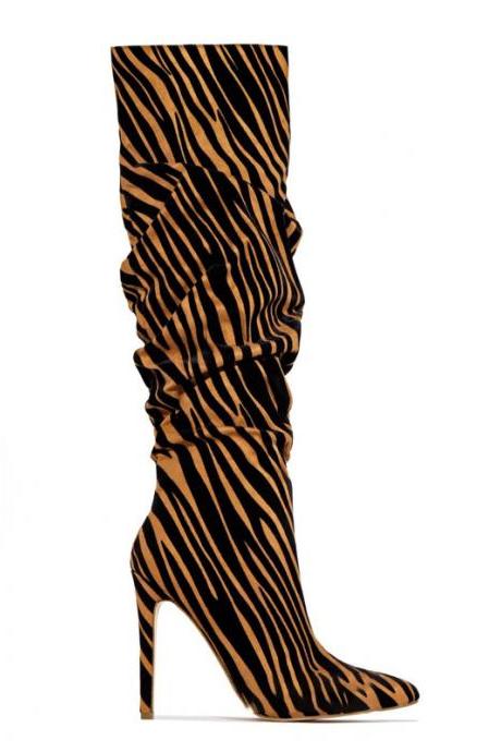 Zebra Suede Print Point Toe High Heel Knee High Boots