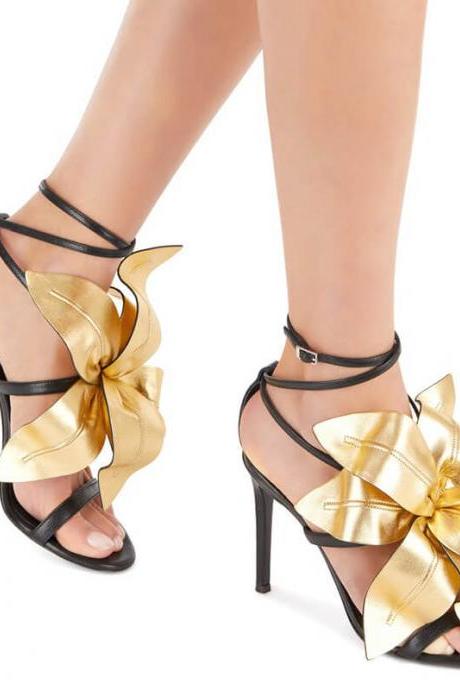 Gold Summer Pu Flower Open Toe High Heel Sandals