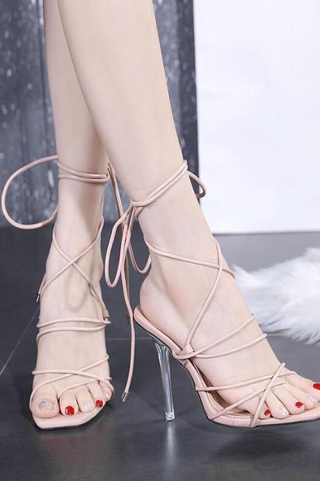 Beige Pu Square Toe Plain Cutout Strap High Heel Sandals