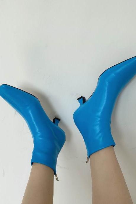 Blue Fashion Leather Square Toe Low Heel Stretch Calf Boots