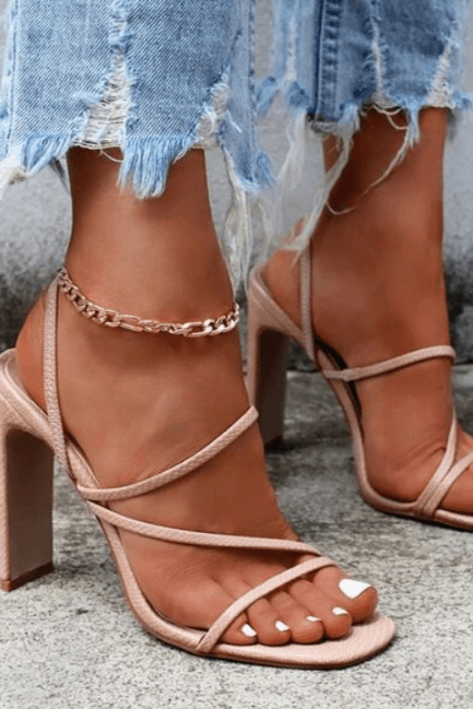 Pink Summer Pu Square Toe Chunky Heel Mule Sandals