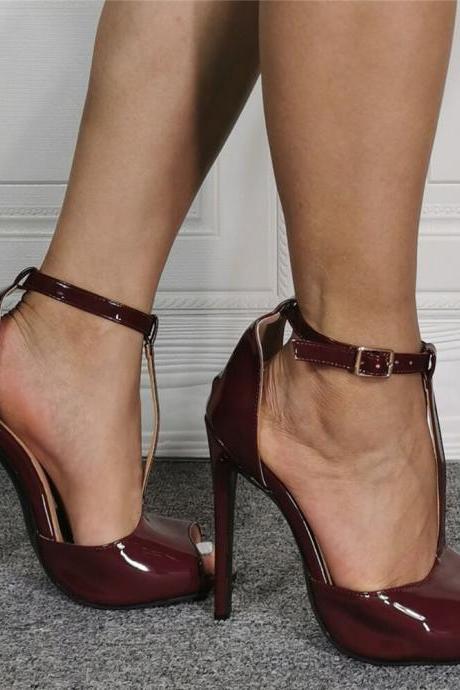 Patent Leather Peep Toe Buckle Plain High Heel Sandals